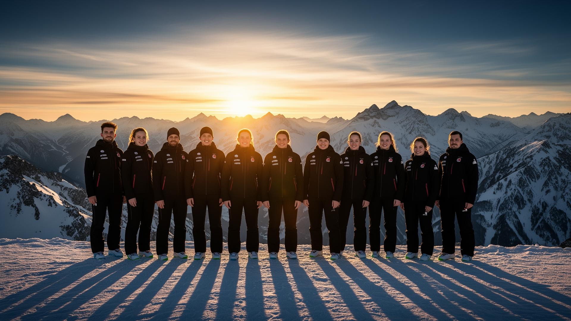 Team of SnowCert instructors on a mountain ridge at sunset