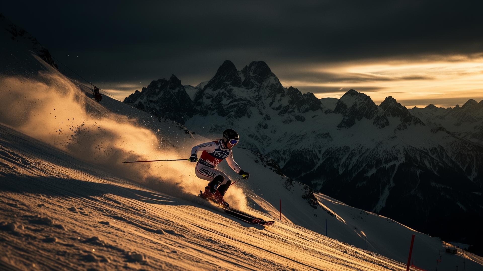 Professional ski racer carving a giant slalom turn at golden hour